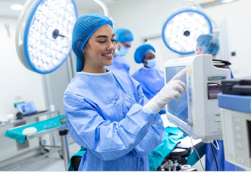 Surgical team using hospital equipment