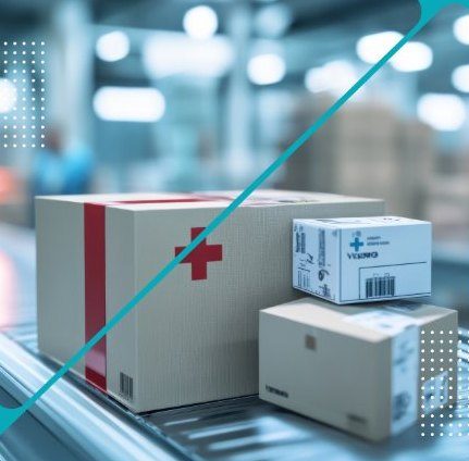 Medical supply boxes on a conveyor