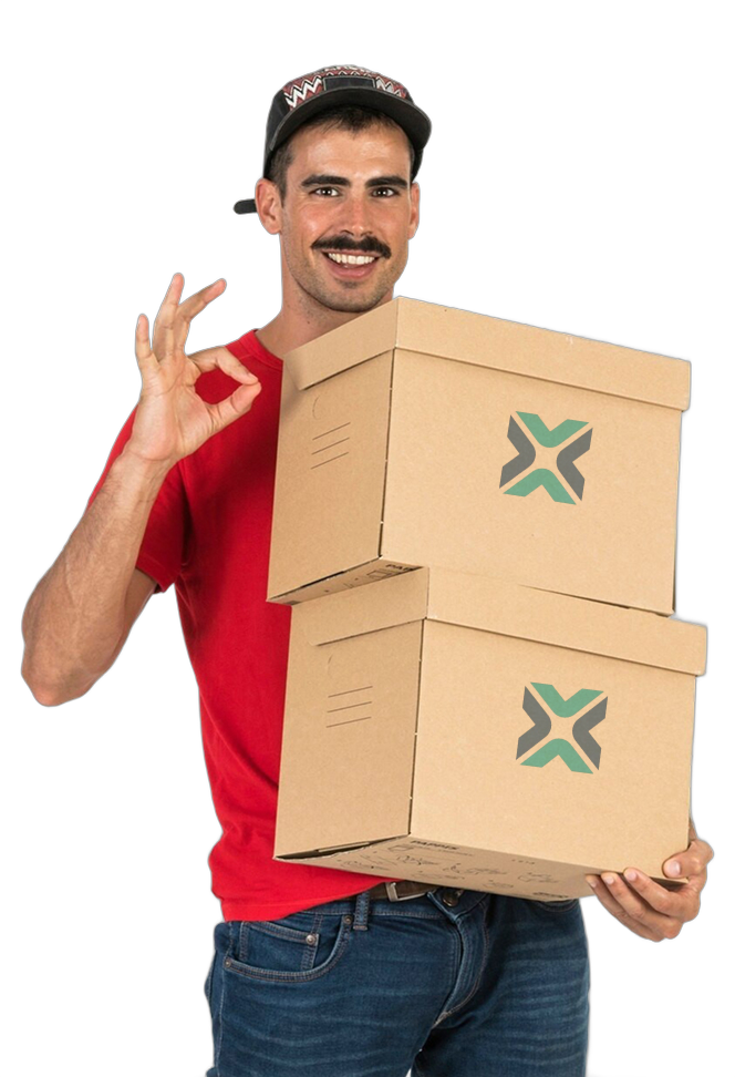 Delivery person holding Xpologics boxes